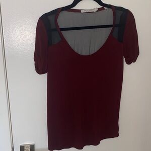 Bella Luxx Burgundy Silk Blouse with Sheer Black Accents